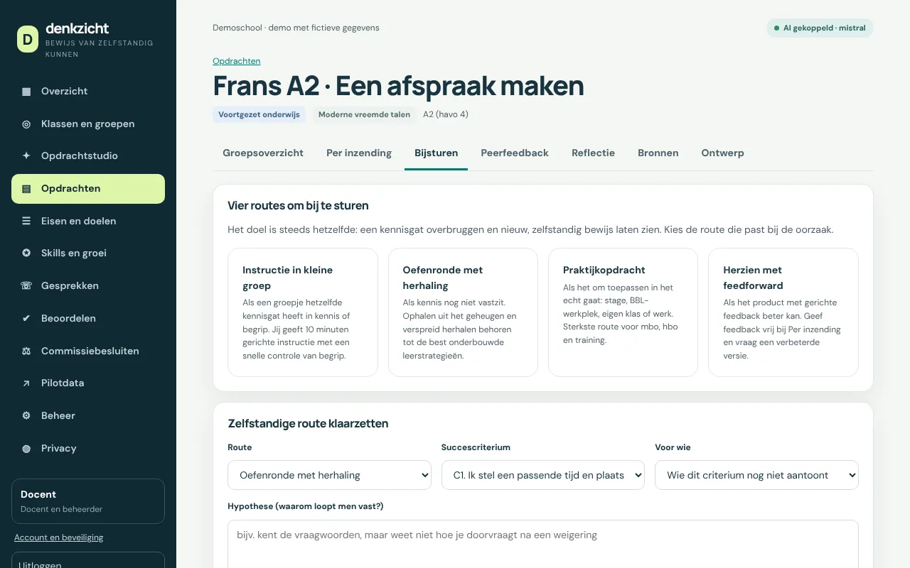 Het tabblad Bijsturen met vier routes en een formulier om een route klaar te zetten