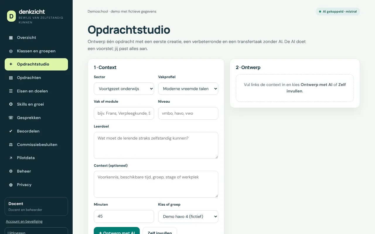 De opdrachtstudio met velden voor sector, vakprofiel, leerdoel, context en groep