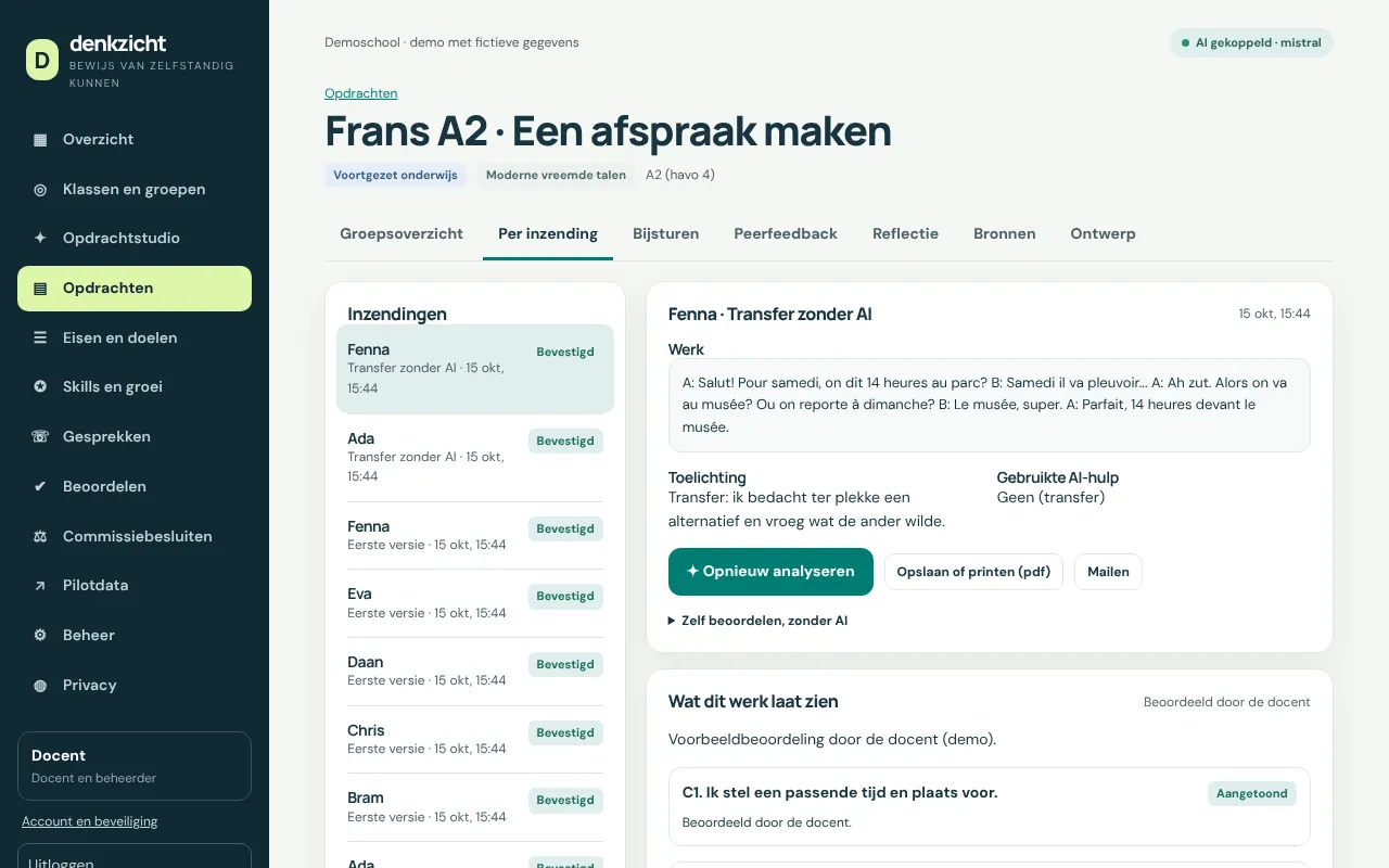 Per inzending: het werk van een leerling, de toelichting en wat het werk laat zien per criterium